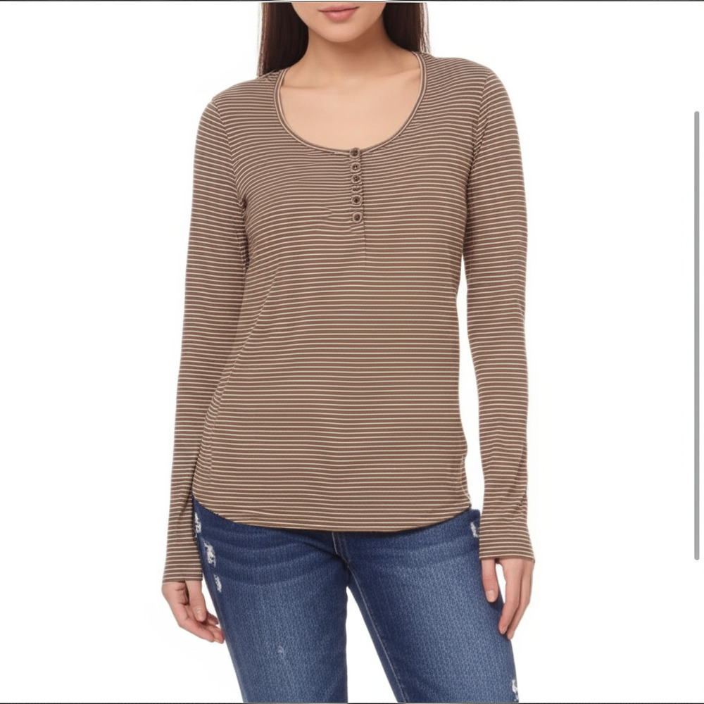AMERICAN EAGLE Womens Large Brown Striped Henley Button Up Casual Shirt
